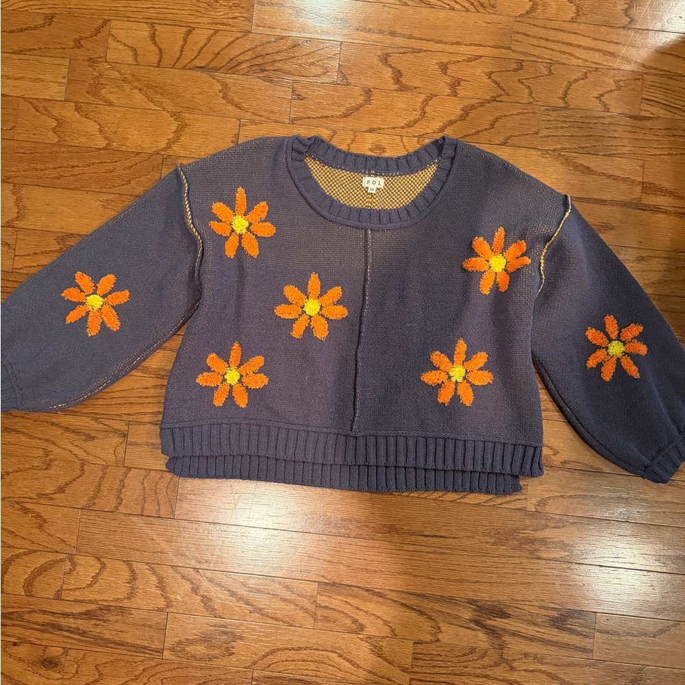 POL Navy and Orange Floral Women's Sweater